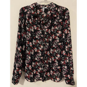 Elle Womens Large Floral Full-Button Long-Sleeved Flowy Blouse! A5384